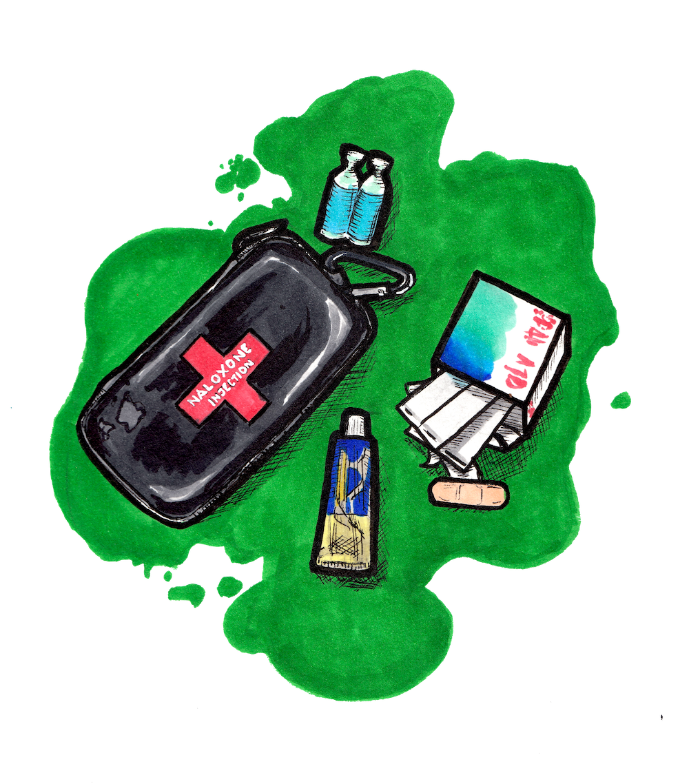 An image of naloxone, bandaids, and other first aid items in front of a green background